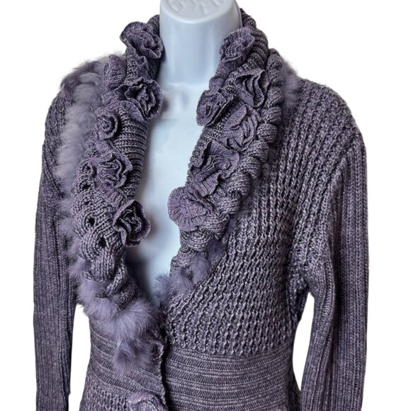 Sioni Purple Wool Blend Rabbit Fur Trim Floral Cozy Knit Cardigan Holiday M - Picture 4 of 12